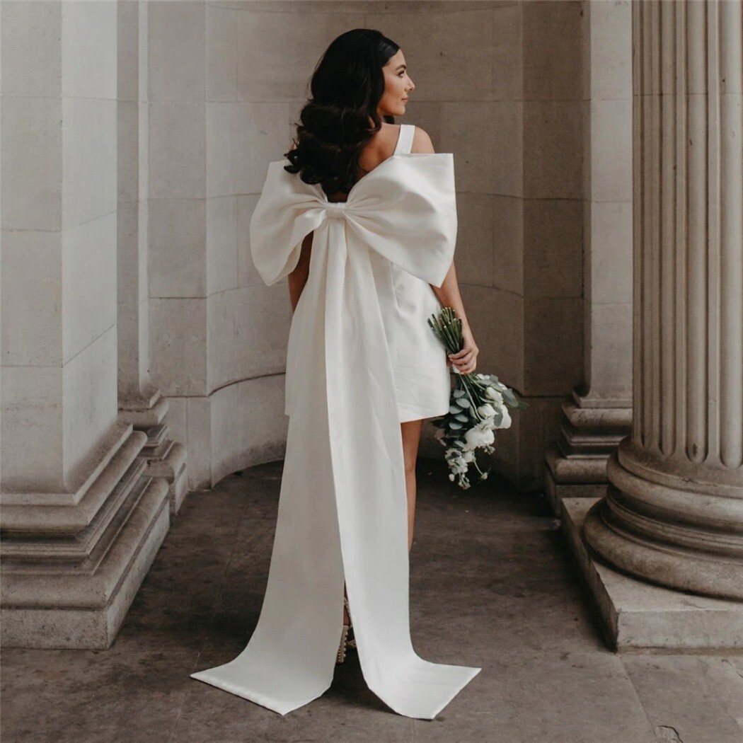 Simple Mini Wedding Dresses with Big Bow Satin Short Bridal Gowns White Ivory Simple Mini Wedding Dresses with Big Bow Satin Short Bridal Gowns White Ivory