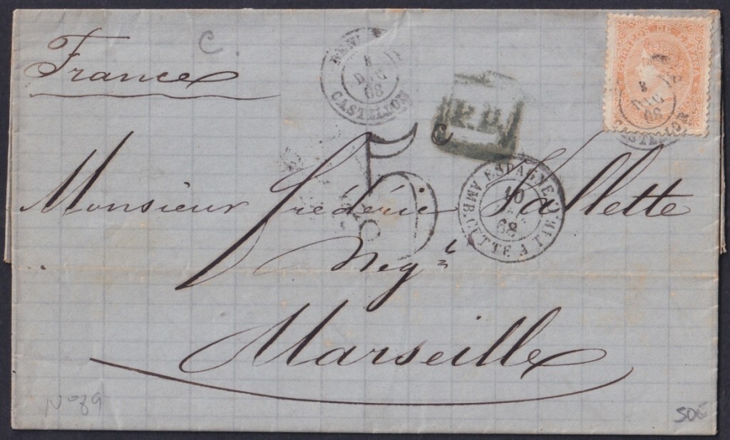 Z557 ESPAÑA SPAIN 1868 12 cu BENICARLO CASTELLON CANCEL COVER