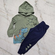 Carter's Boys 2T Jogger Set 'Dino Crew' T-Rex Dinosaur Hooded Green Navy Blue
