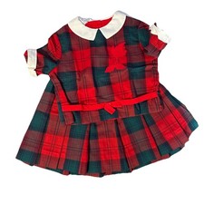 Vintage Red Green Plaid Pleated Skirt Back Button Top Girls Tartan Cuff Collar