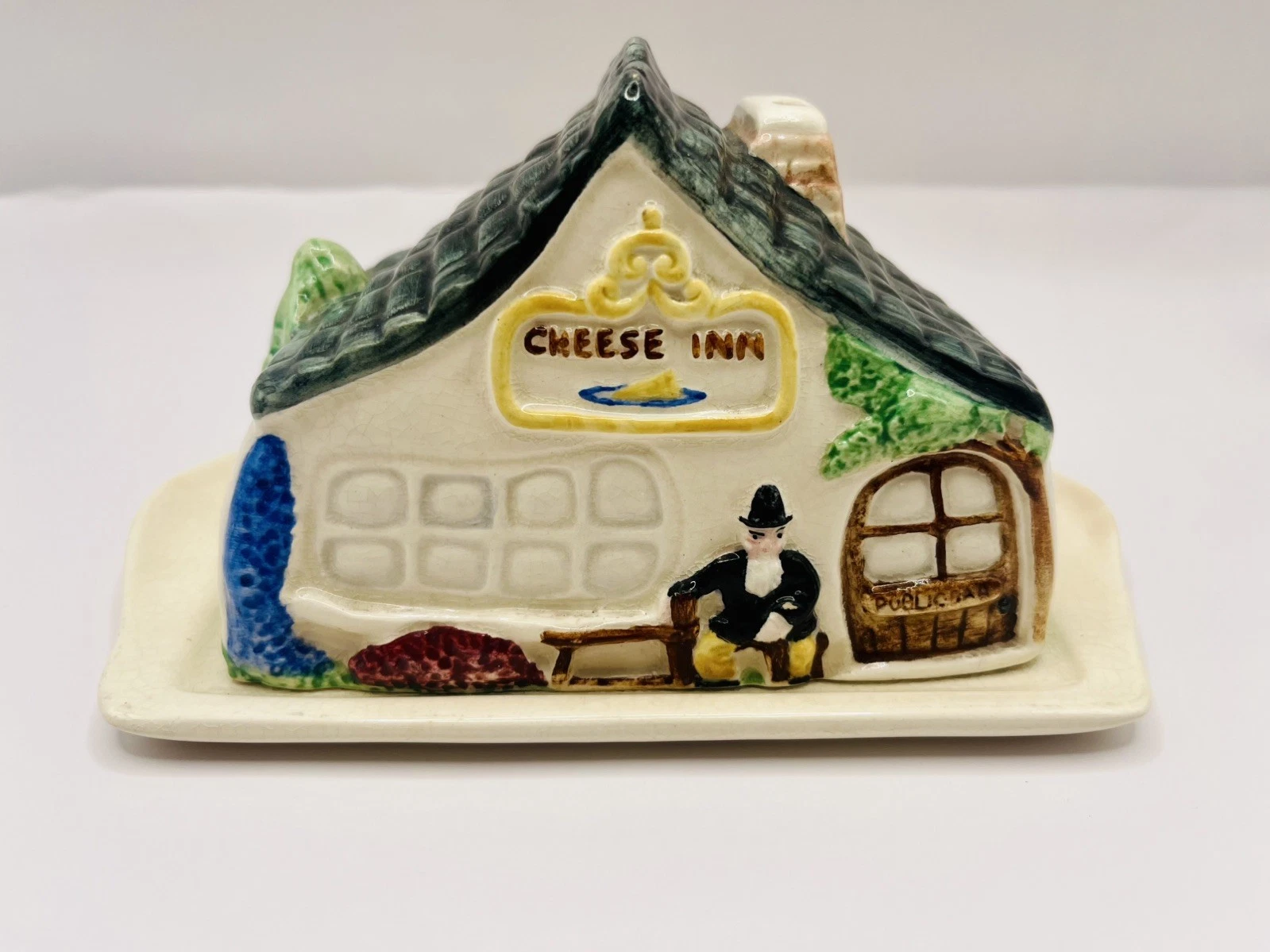 Vintage Carlis Ware Cheese Inn Bar Pub Butter Dish Farmhouse Hand Painted