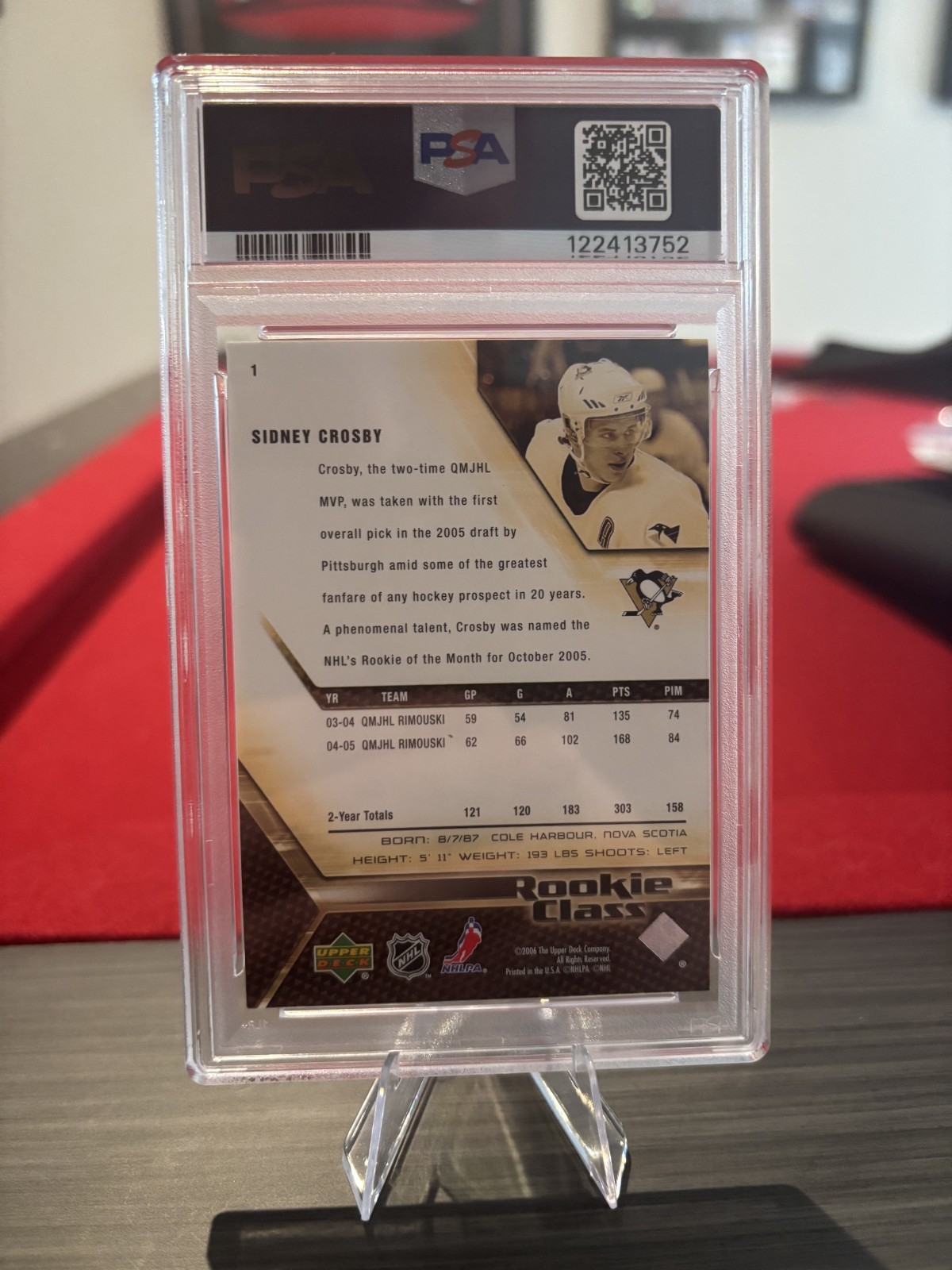 2005 Upper Deck Rookie Class Sidney Crosby #1 PSA 9 view 2