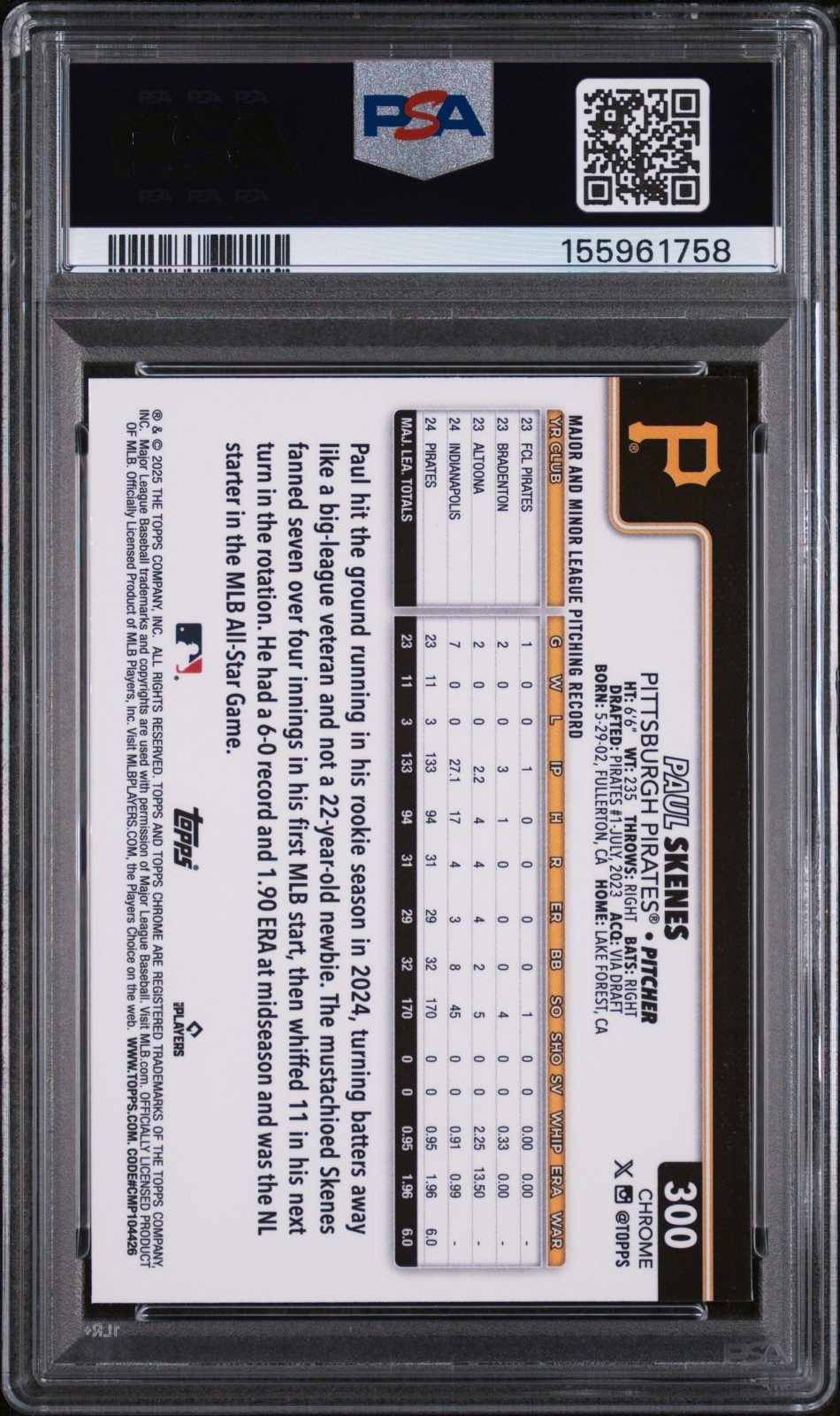 GEM MINT Paul Skenes 2025 Topps Chrome Paul Skenes #300 Prism Refractor PSA 10 view 2
