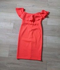 New Look Coral Red Waffle Stretch Bodycon Dress Bardot Neck Party Holiday UK10