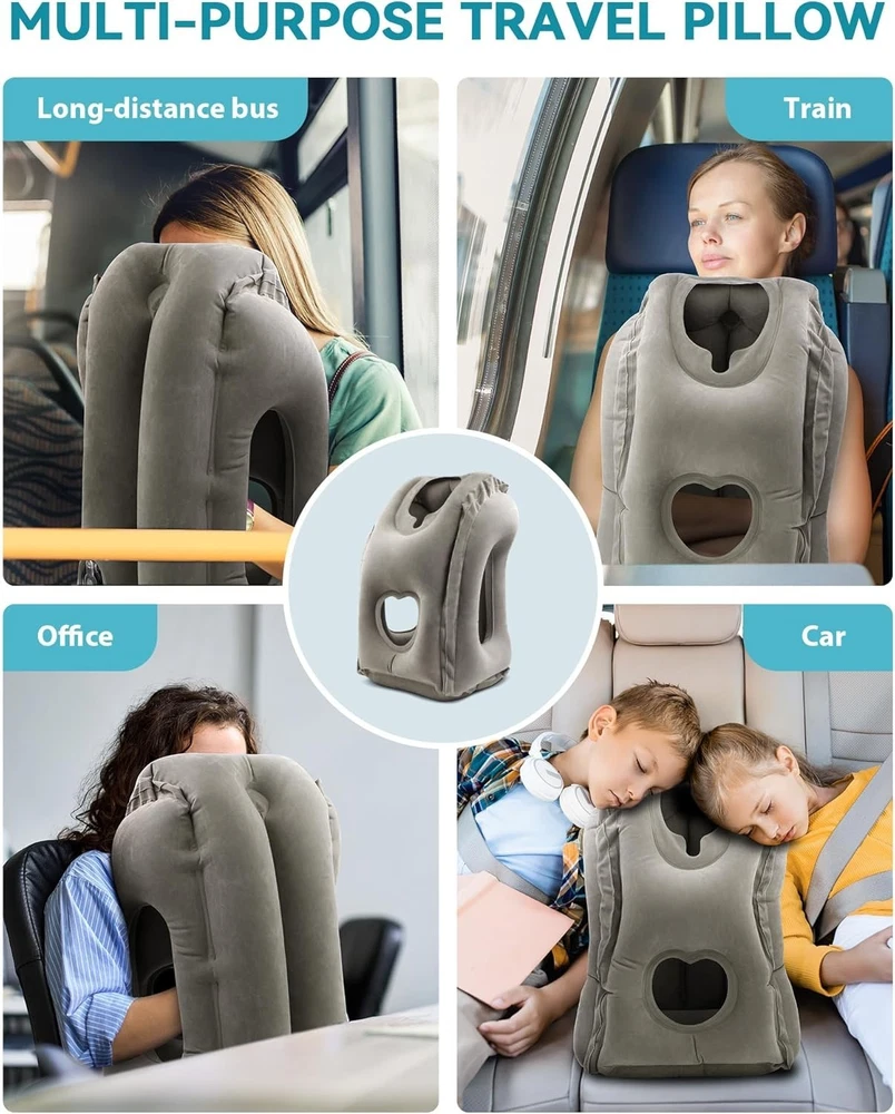 Travel Pillow Inflatable Neck Support Cushion for Airplanes Trains Cars Grey