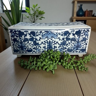 CHINOISERIE FLOWER FROG ~ Glazed Brick Ceramic ~ Planter ~ Vase ~ Blue & White 