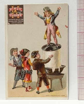 KING S QUICK RISING FLOURS TRADE CARD- BOY UNCLE SAM ON POT OF RISING FLOUR