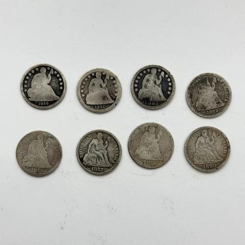 (LOT OF 8) 1839-1890 O & P 10c Seated Liberty Dime 90% Silver US Coin