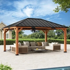 12' x 16' Cedar Wood Outdoor Gazebo Pavilion W/Hardtop Galvanized Steel Hip Roof