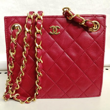 Chanel CC Logo Mini Matelasse Chain Shoulder Bag Red Leather Authentic