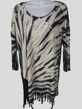 Thomas n Olivia Top Women Size L White Black Sequins Fringe Long Sleeves