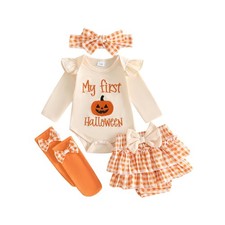 My First Halloween Baby Girl Pumpkin Ghost Romper Skort Headband Socks Set 6-9