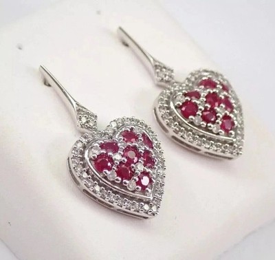 2CT Round Cut Simulated Red Ruby Drop Dangle Heart Earring 14K White Gold Plated