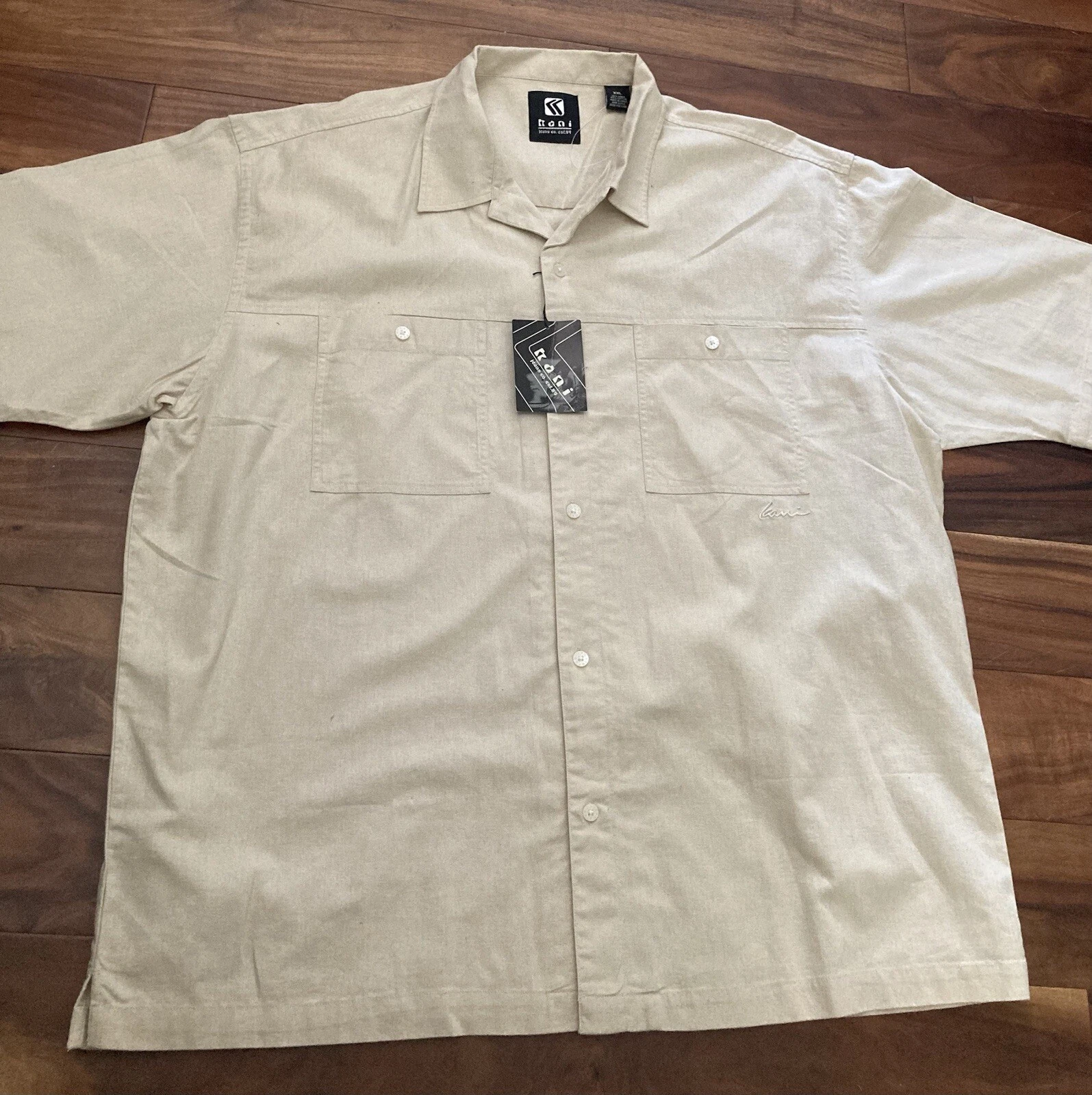 NWT Kani Men's Collard Button Down Short Sleeve Linen Shirt Sz XXL