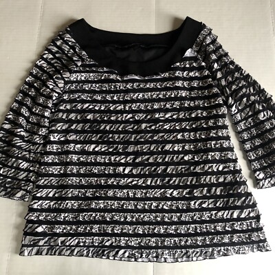 AGB Black White Leopard Animal Print Ruffle Stripe Top Women's