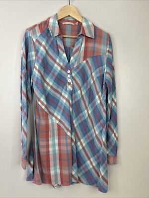 Soft Surroundings Women s L LA Pass Ecru Multi Plaid V Neck Tunic Blouse