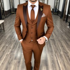 Men's Brown 3 Piece Suit Slim fit One Button Wedding Tuxedo Jacket 3pc Suit