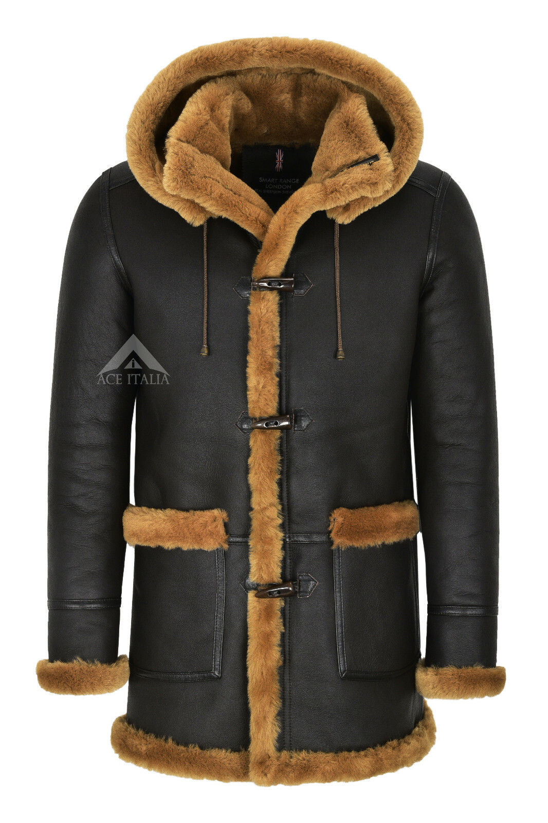 ALTRA Cappotto borsone uomo pelle di pecora marrone pelliccia di zenzero cappuccio 100% shearling ivar