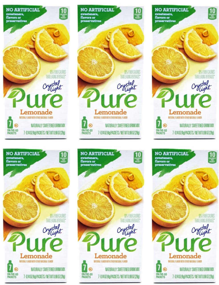 6 PACK Crystal Light Pure Lemonade On The Go Drink Mix, 7-Packet Box EXP 03/25