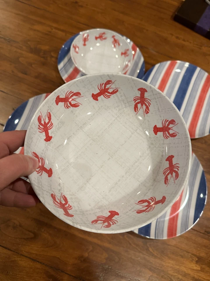 6 peças Tommy Bahama lagosta vermelha melamina 4 pratos de jantar 2 tigelas listra azul vermelha - Imagem 2 de 4