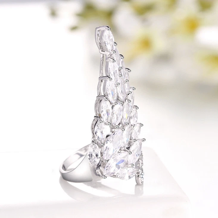 Anillo ajustable pluma ala de ángel grande para mujer oro blanco circonita cúbica PE37 Foto 2 de 4