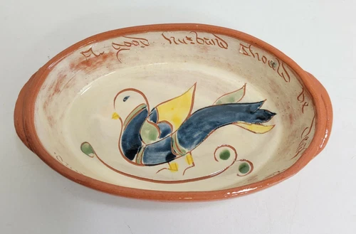 Vintage Welden Redware Pottery Mottoware Small Casserole Baking Dish PA Folk