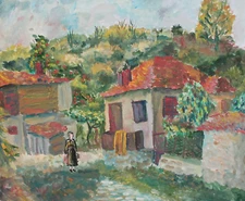 Impressionist landscape houses gouache painting