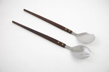 Mid Century Danish Modern Salad Serving Set Tapered Wood Handles Stainless~Japan