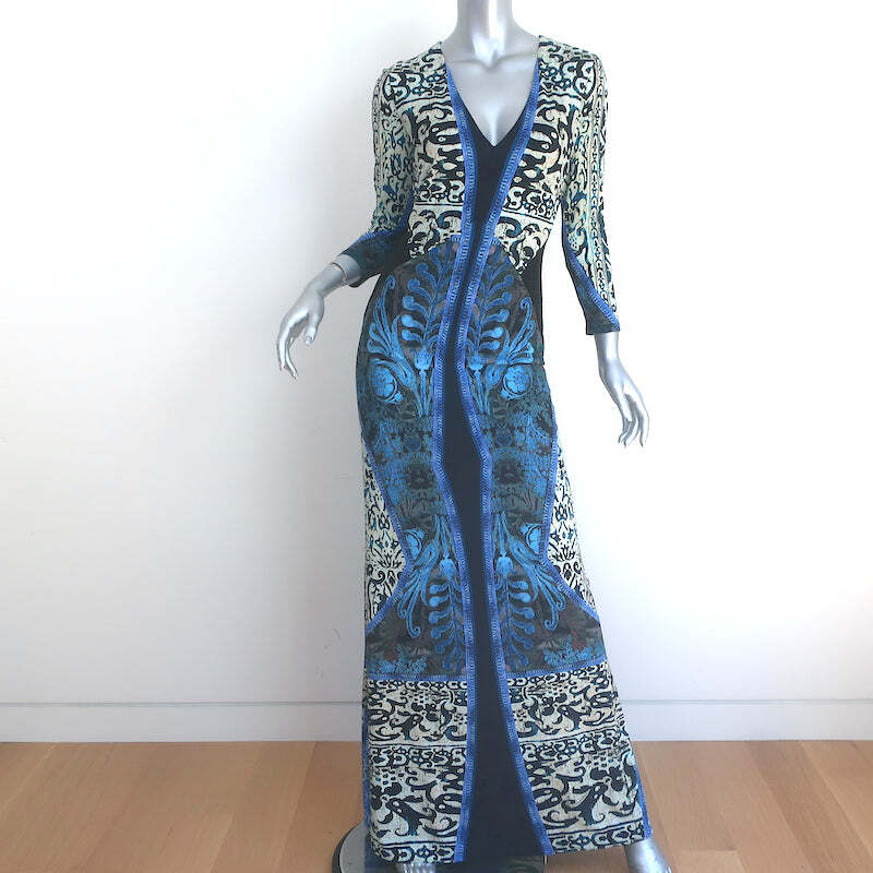 Roberto Cavalli Maxi Dress Blue & Black Printed Stretch Jersey