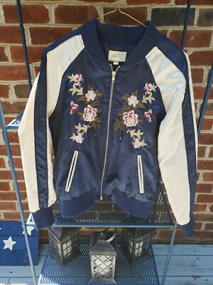 JOLT JUNIOR'S  SATIN ATHLETIC FULL ZIP JACKET WITH EMBROIDERED FLOWERS WOMENS