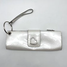 Vintage Y2K Guess Pearlescent Monogramed Faux Patent Rhinestone Heart Clutch Bag