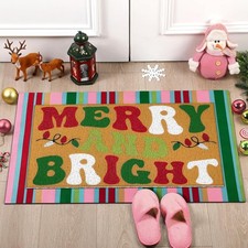 2 PCS Merry And Bright Christmas Door Mat Pink Green Colorful Stripe Mat