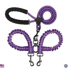 BAOBOTE 360° Tangle-Free Double Dog Leash - Shock Absorbing Bungee, Reflective