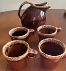 Hull Brown Drip Glaze Lot of 4 Crestone Cups And Pitcher USA Oven Proof