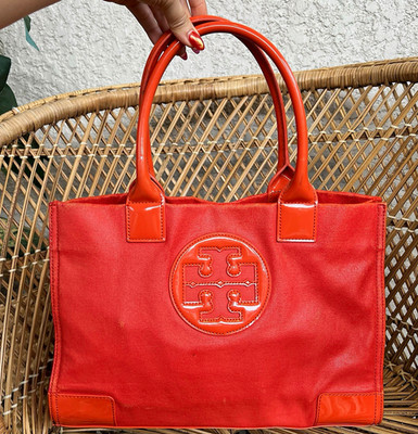 TORY BURCH Nylon Handbag Tote Bag logo Orange Authentic 13''