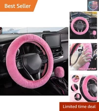 Elegant Warm Plush Steering Wheel Cover & Gear Shift Cover for Women - Pink Set