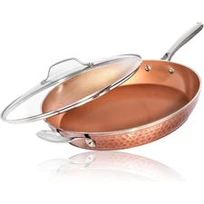GOTHAM STEEL Hammered 14 in Copper Sauté Pan with Lid – 100% Healthy & Non Toxic