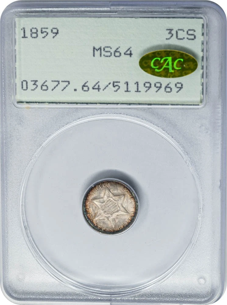 1859 Three Cent 3CS MS64 Old Rattler PCGS ~ Gold CAC 950123-1