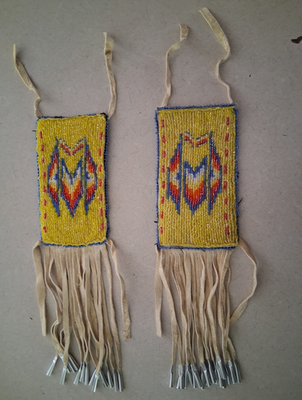 #ad Native American Lakota Pair Beaded Fringe Epaulettes Yellow Red Blue Design $130.00