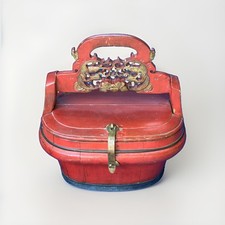 Vintage/Antique Chinese Red Lacquer Wedding Basket Carved Handle Shanghai Seal