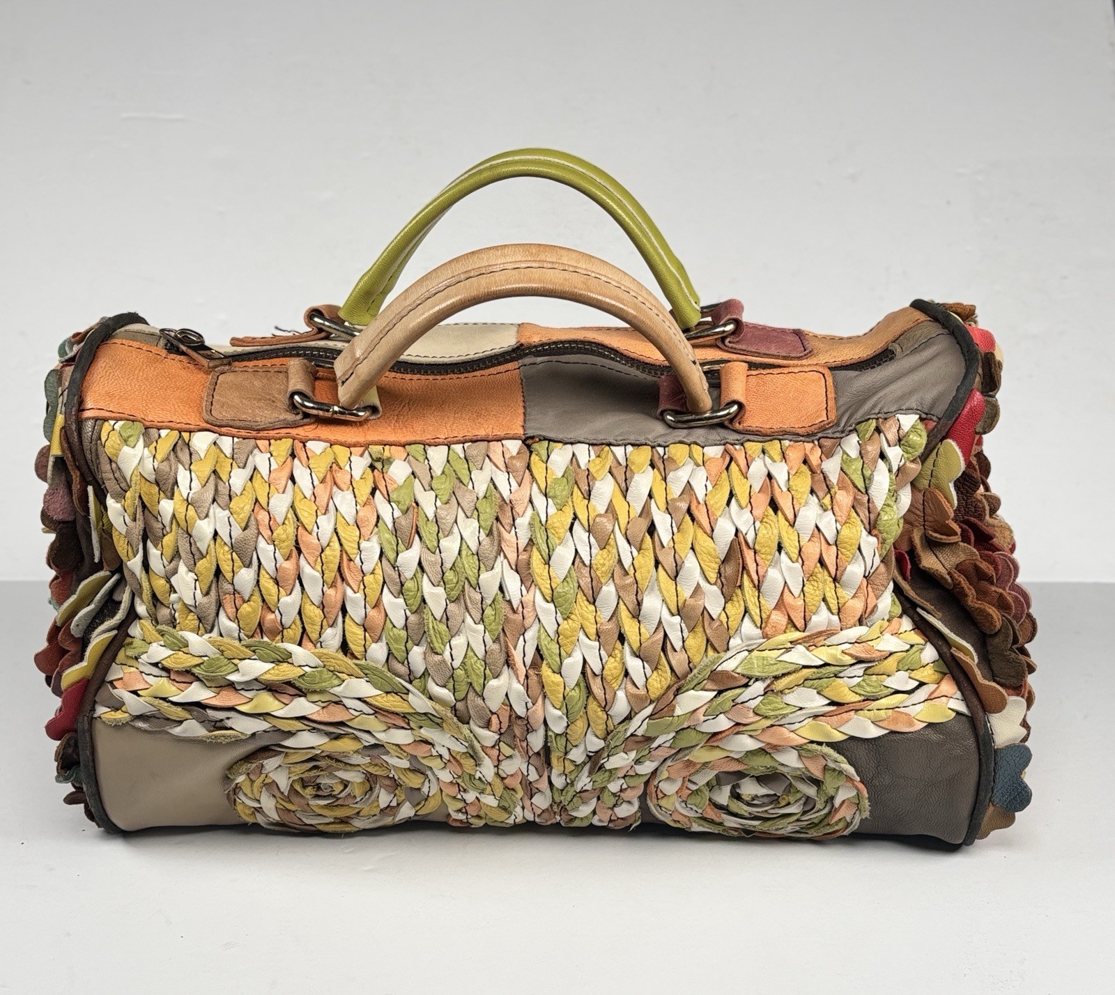 Multicolored Leather Patchwork And Woven Dual Han… - image 1
