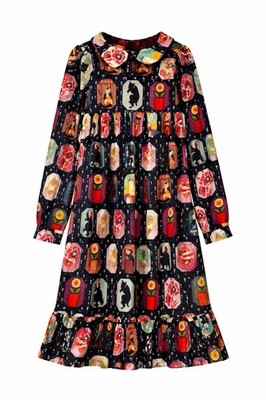 Gentile Catone Cat Print Ruffle Peter Pan Collar Long Sleeve A-Line Dress 8