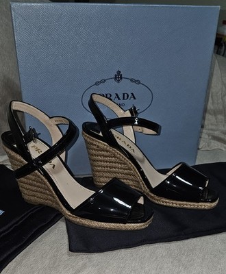 PRADA Black Patent Leather Ankle Strap Wedge Espadrille Sandals EU 38
