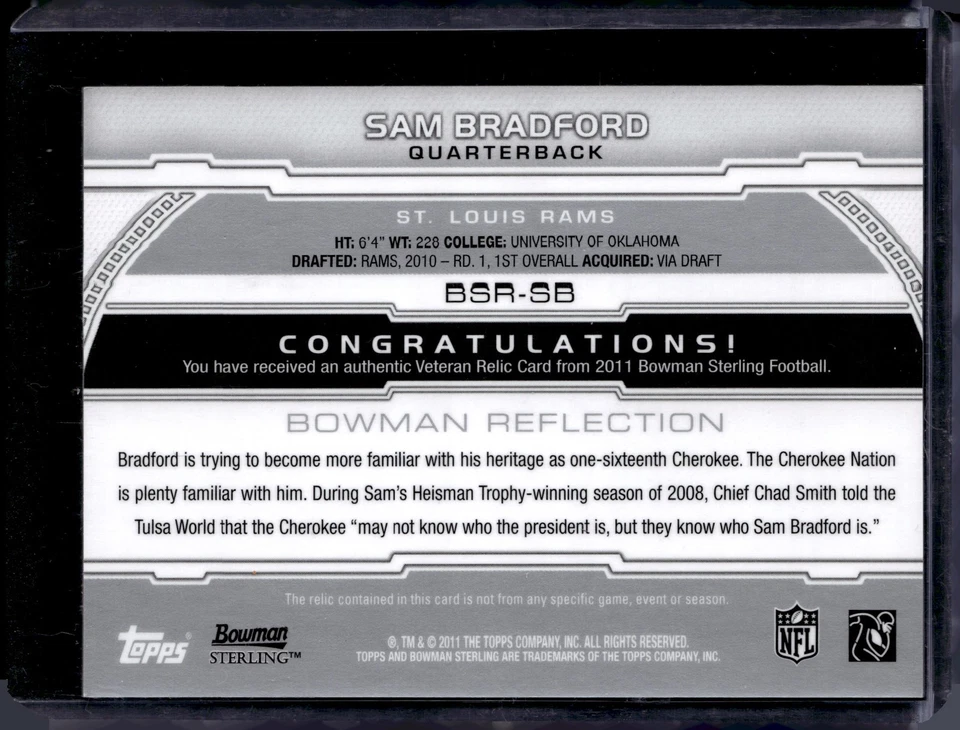 2011 Bowman Sterling #BSR-SB Sam Bradford Relic Blue Refractors #/99 - Image 2 of 2