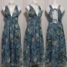 H&M Floral Print Maxi Dress Small V-Neck Open Back Tie Front & Back Flowy Lined