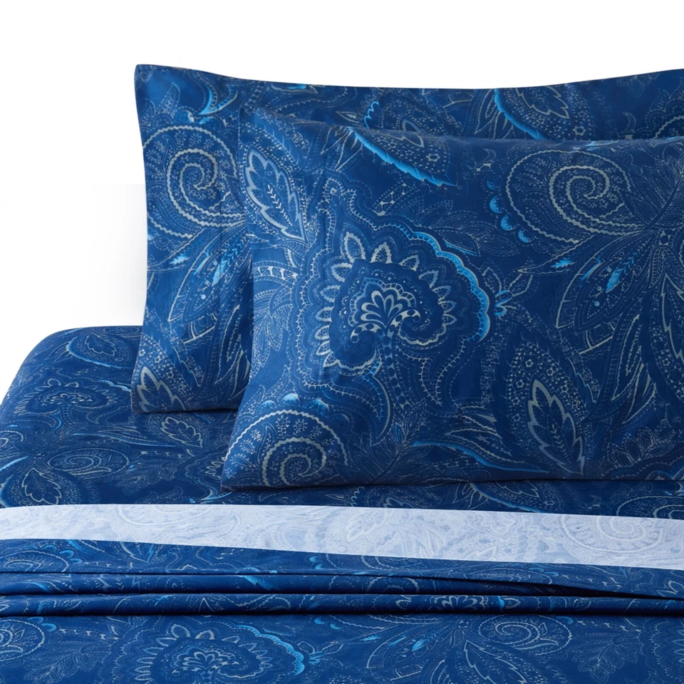 Juego de sábanas estampadas 600 hilos mezcla de algodón suave percal, azul marino cachemira Foto 2 de 4