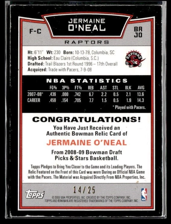 L1,001 - 2008-09 Bowman Relics Orange #BRJO Jermaine O'Neal /25 Raptors - Image 2 of 2