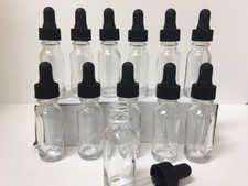 LOT OF 12 - 1/2oz CLEAR BOSTON ROUND GLASS BOTTLES WITH GLASS DROPPERS 15ml
