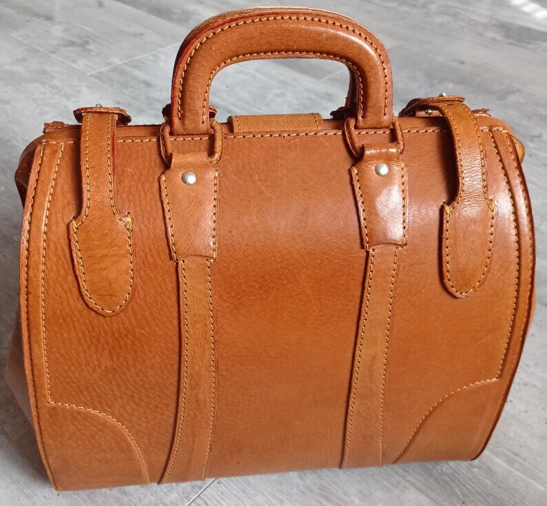 Sac à main vintage cuir marron naturel petit bagage à main vintage style médecin - Photo 4/4