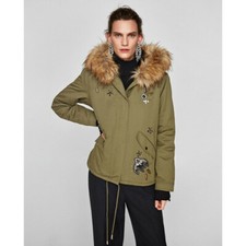 Zara Khaki Sequinned Parka Coat/ Jacket With Patches Size S Ref 7522/280 Rare!